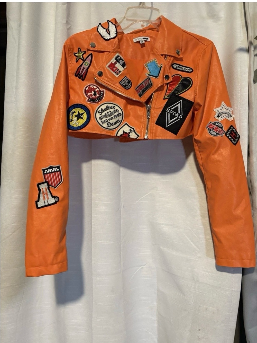 Fashion nova moto jacket Cropped patched Orange Women's Faux Leather